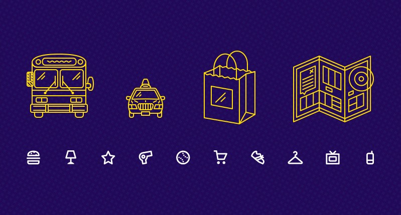 four yellow icons for a bus, taxi cab, a grocery bag, and a map. underneath is a series of smaller white miscellaneous icons