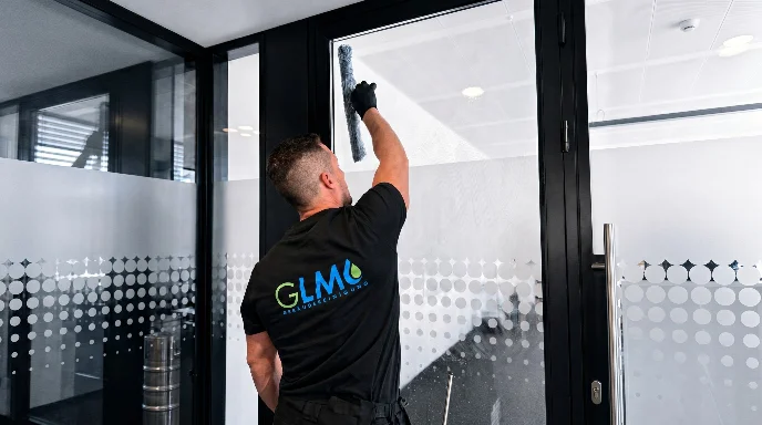 Ein Glasreiniger der GLM Gebäudereinigung von hinten fotografiert, während er mit einem Einwascher eine große Glasfläche reinigt