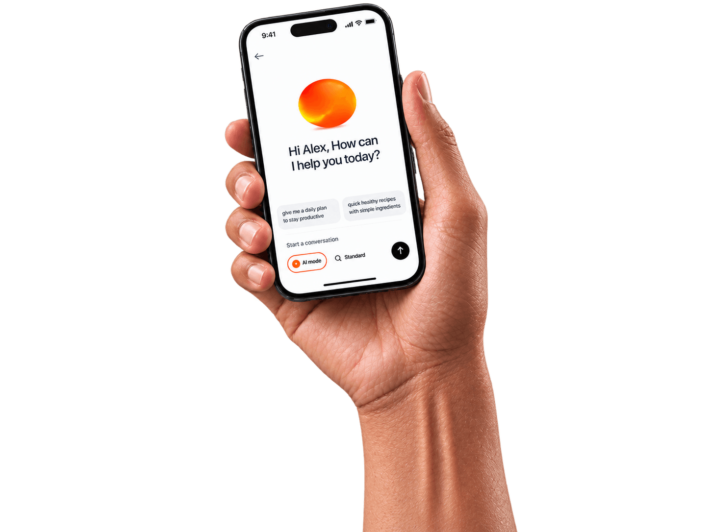 Hand holding iPhone with app mockup