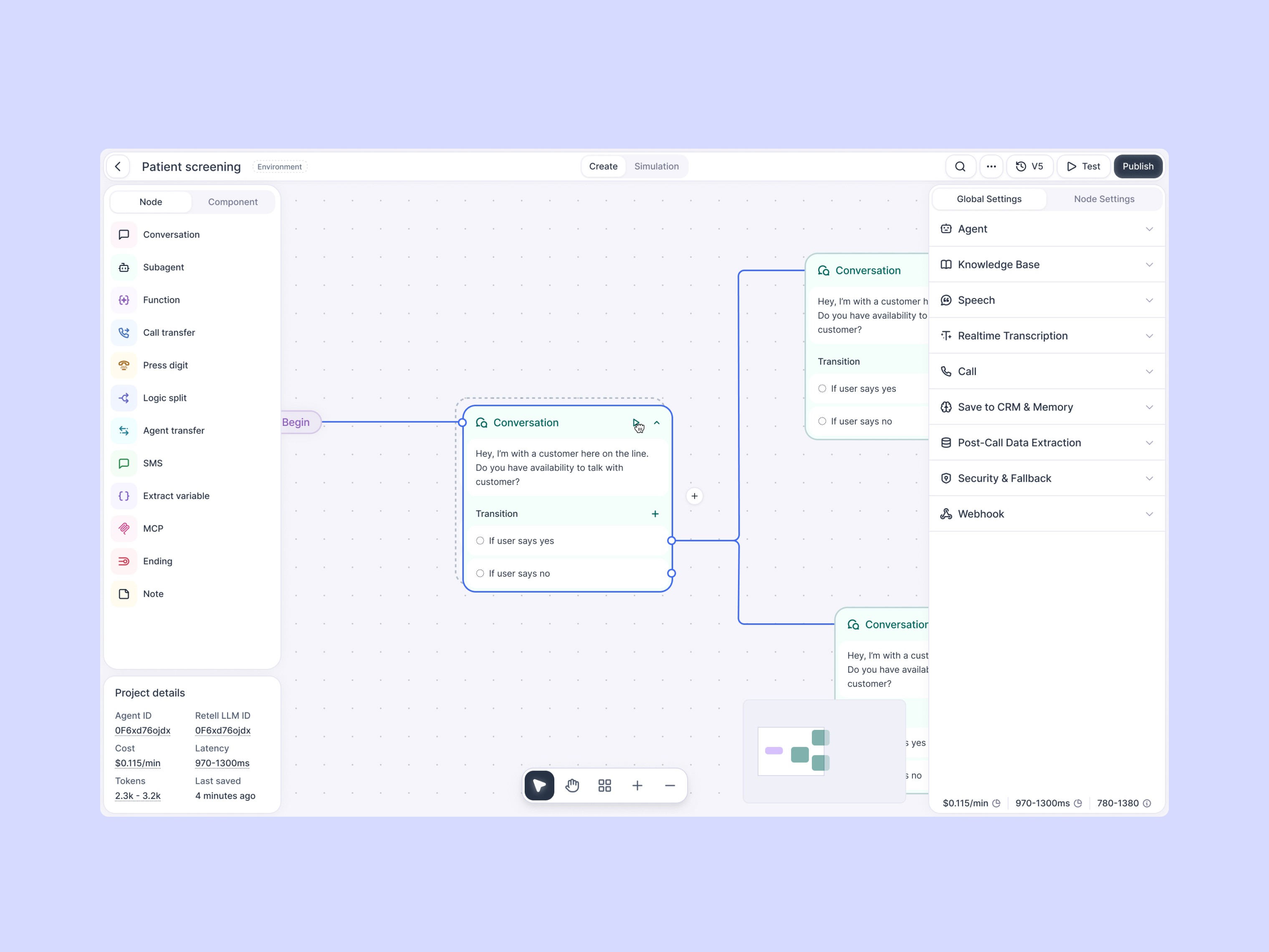 Retell AI agent dashboard product design