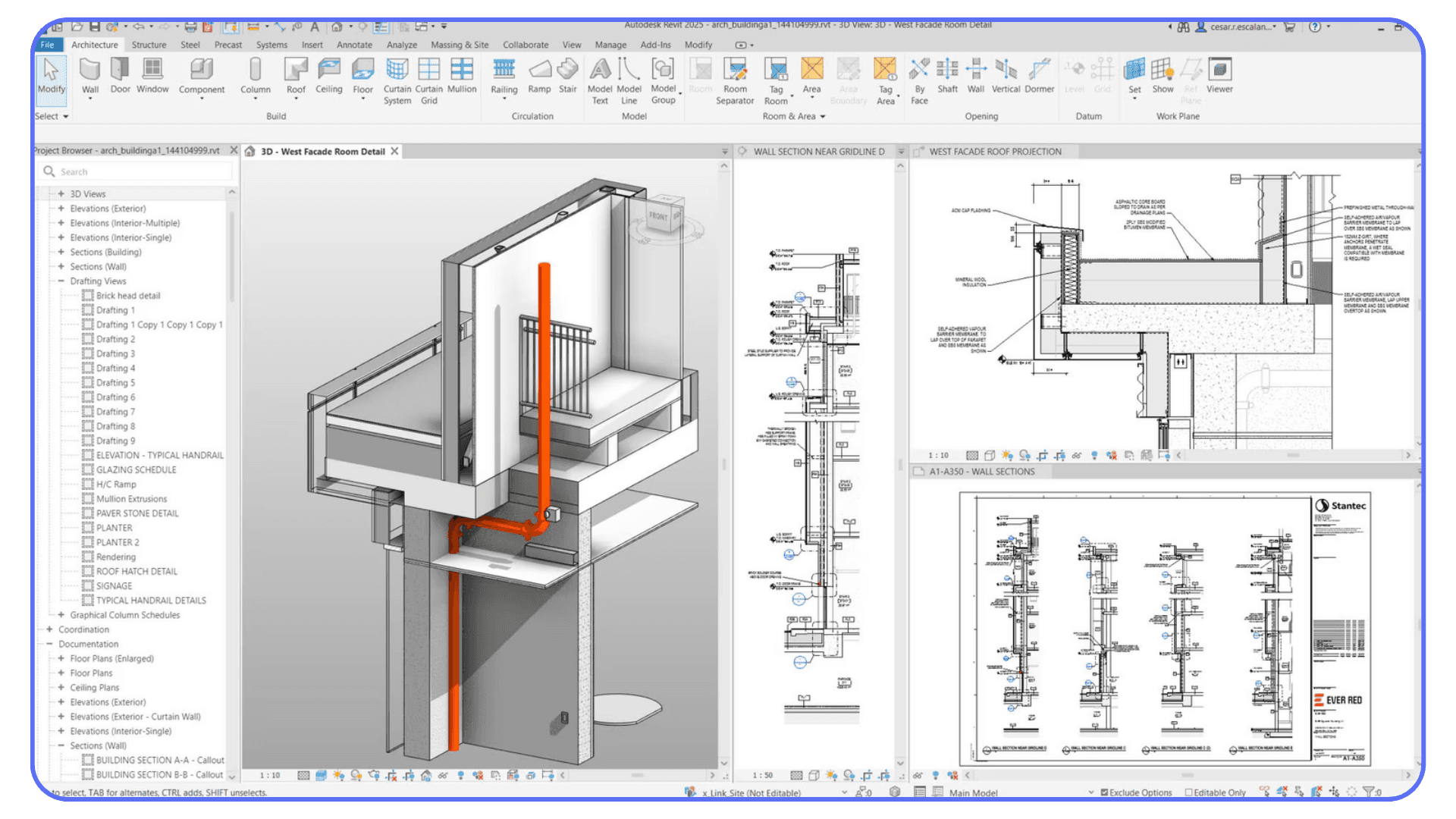 Autodesk Revit BIM model with walls, floors, and construction elements