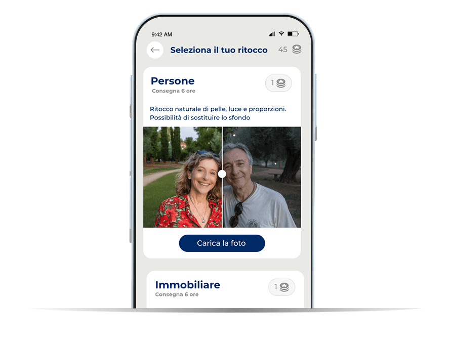 Smartphone con anteprima del servizio immobiliare di Photo2Post, ritocco fotografico professionale