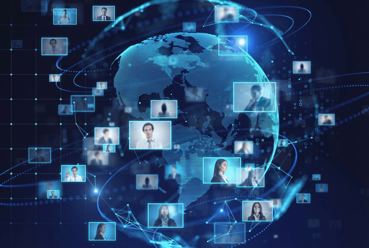 Abstract globe in space with images of people as connectors