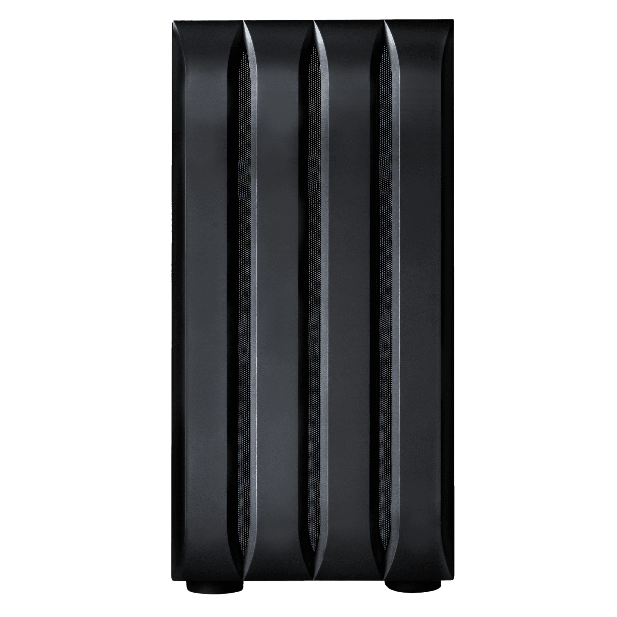 Front view of a sleek black gaming PC case with vertical grille design, perfect for gaming builds, best PC gaming 2023, and complete PC builds. Ideal for budget gaming PC build 2023 and high-end configurations. Suitable for tower gaming setups and modded gaming PCs, featuring great airflow and modern design for most popular gaming PCs and best PC parts 2023.