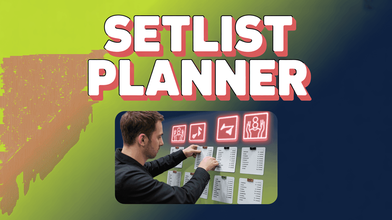Setlist Planning Guide Thumbnail, featuring a band leader arranging setlist cards on a board with tempo and crowd reaction icons glowing