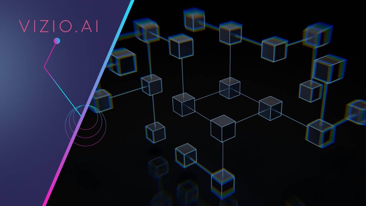 Glowing wireframe cubes linked in a network on a dark background.