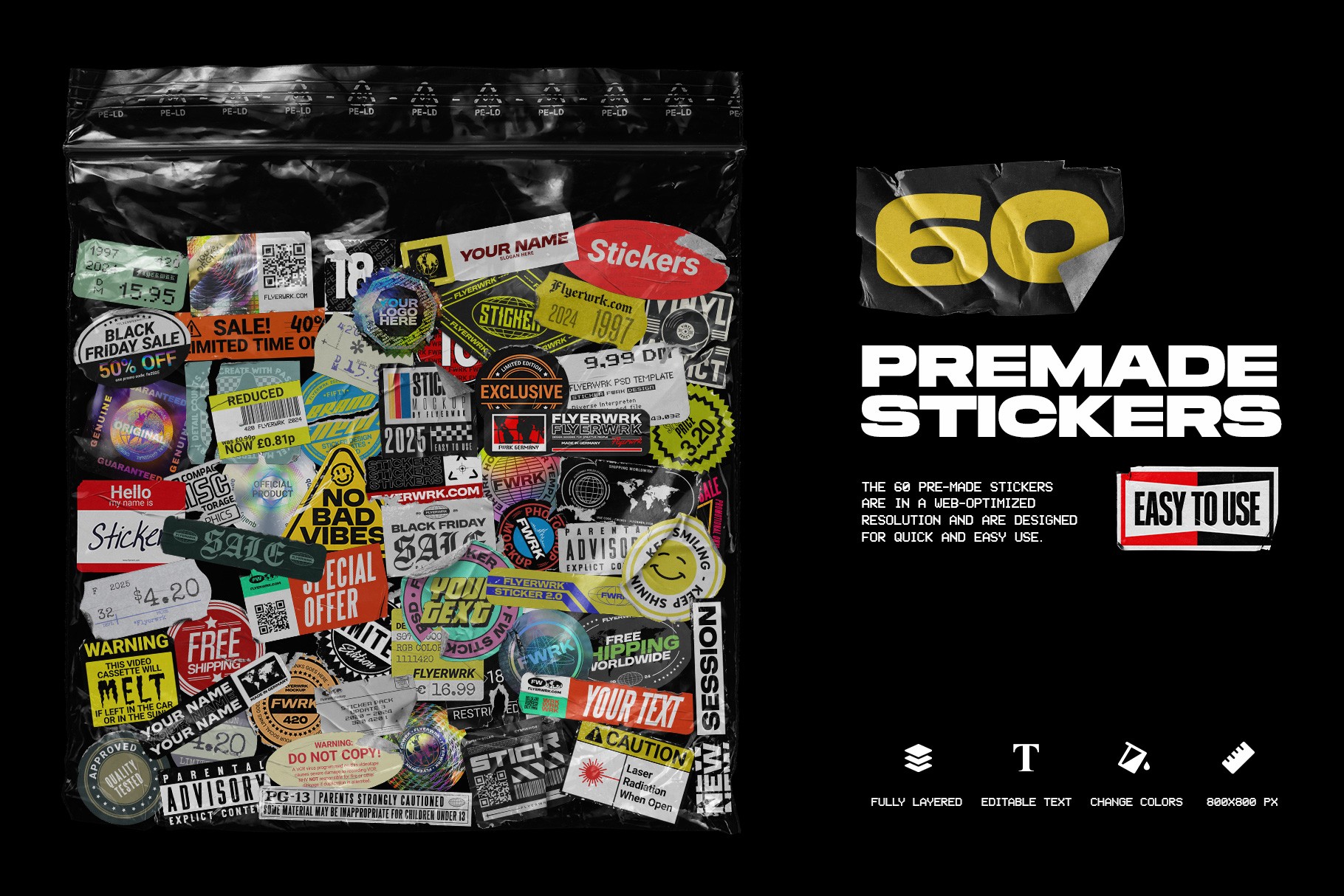 60 premade sticker mockups displayed on a realistic black plastic bag with editable design layers
