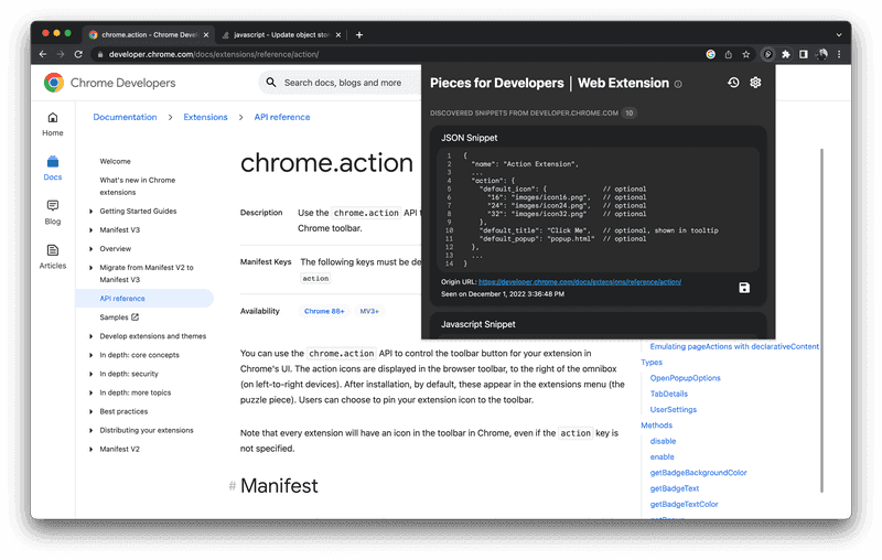 The dark mode popover menu of the Pieces Web Extension.