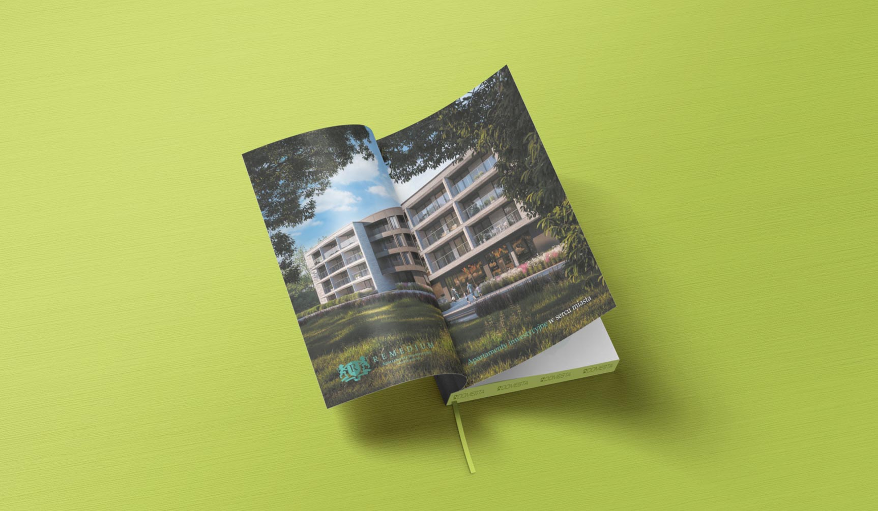 Wizualizacja folderu deweloperskiego prezentującego inwestycję mieszkaniową w otoczeniu zieleni.