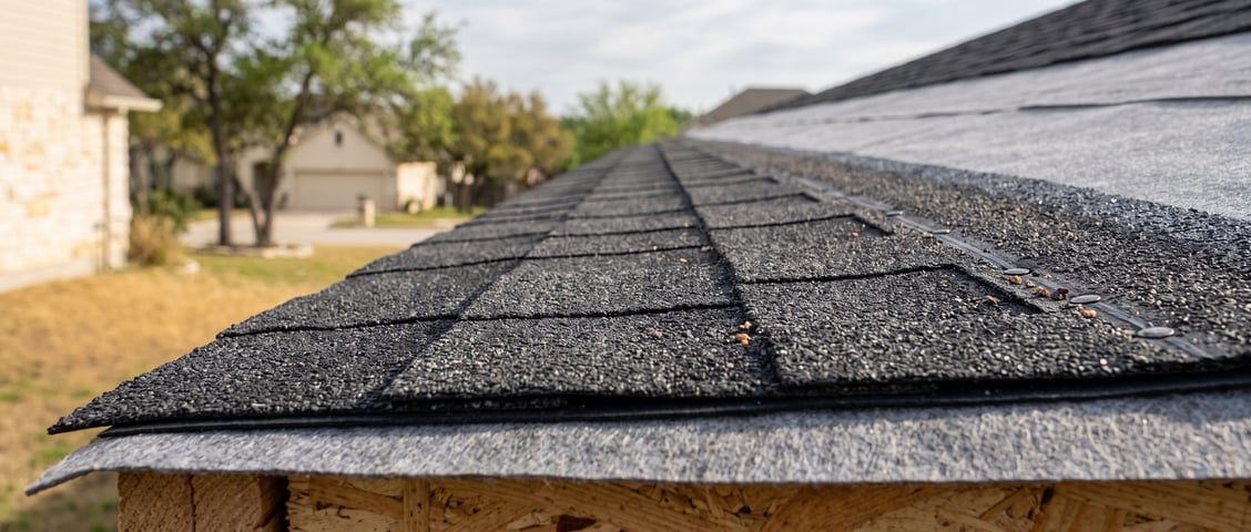 The first courses of new architectural shingles laid over fresh underlayment and a new roof deck