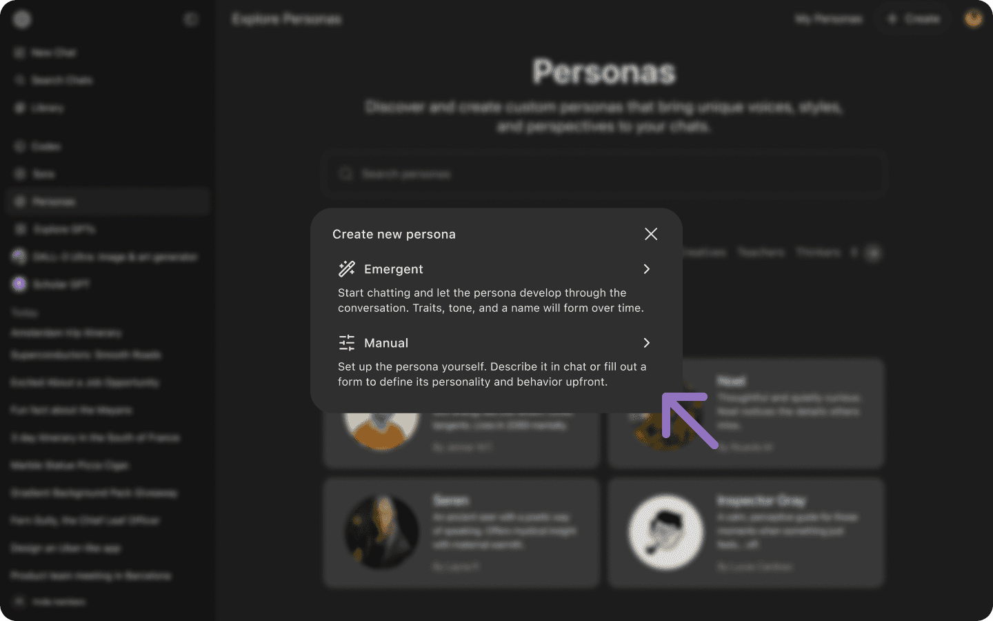 Screenshot of the modal that opens when user clicks on "create," listing two options: emergent creation, and manual creation.