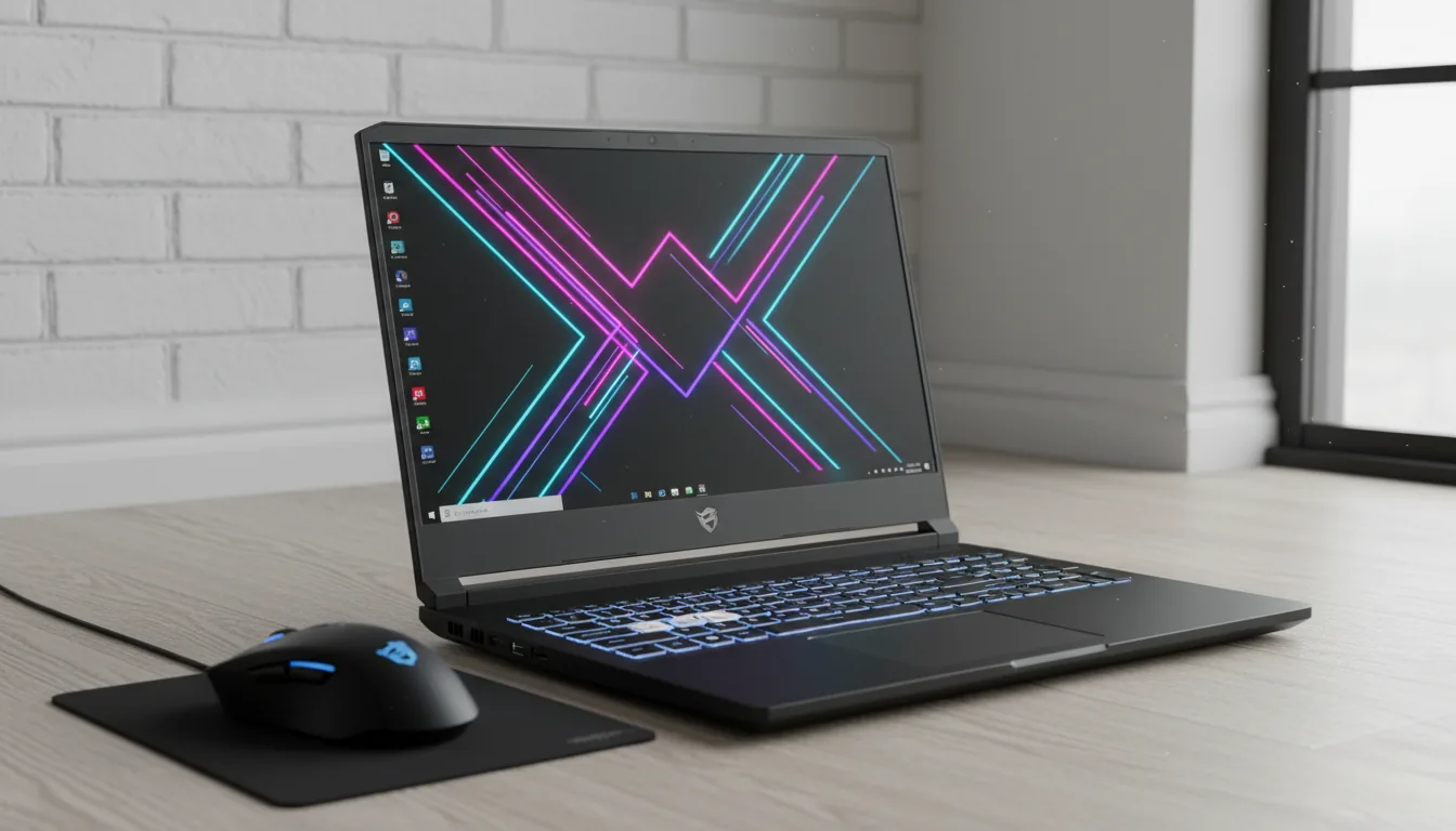 DSLR photograph of a high-performance black gaming laptop, open and angled on a light-grain wood floor. The screen is illuminated, displaying a vibrant abstract wallpaper with glowing geometric lines in neon pink, purple, and cyan, with placeholder icons on the left. The RGB keyboard is backlit with a cool blue and white gradient. The background is a simple white painted brick wall with a white baseboard. The scene is lit with bright, natural daylight, creating a clean product shot with sharp focus on the laptop.