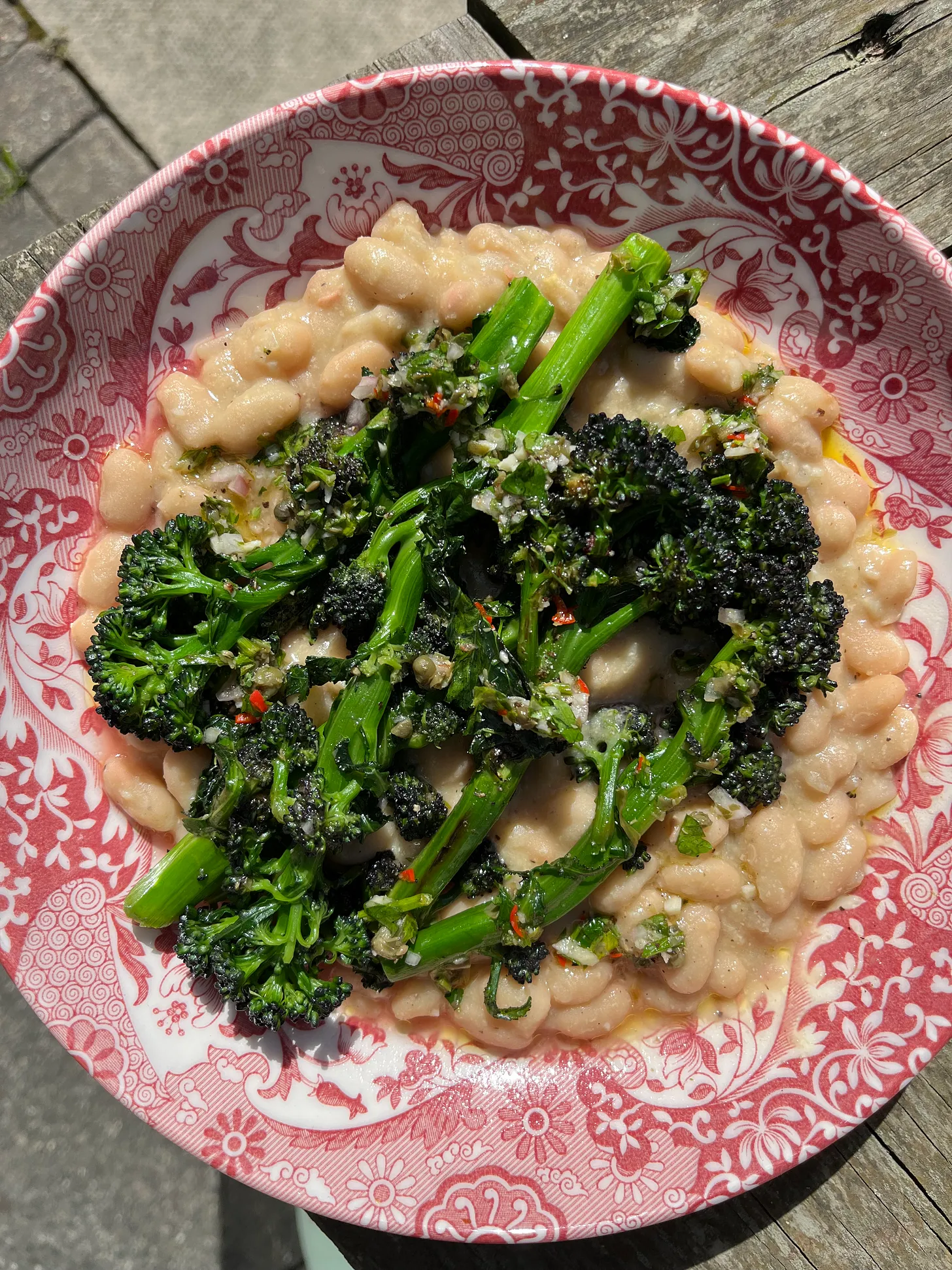  Purple Sprouting Broccoli, Mustardy White Beans & Salsa Verde