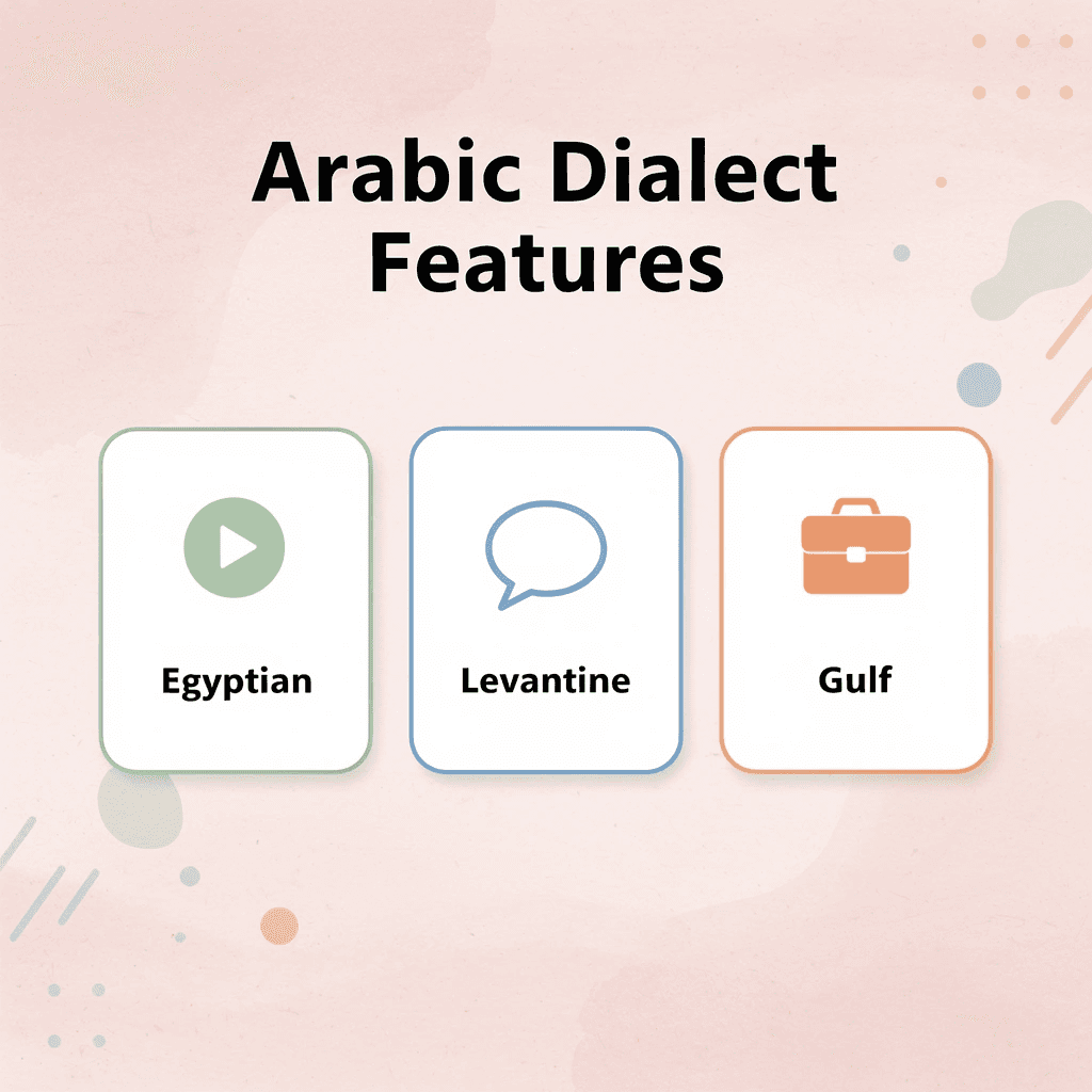 Cards showing three Arabic dialects and their key features