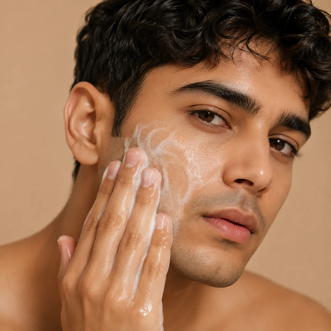 A man is applying facewash