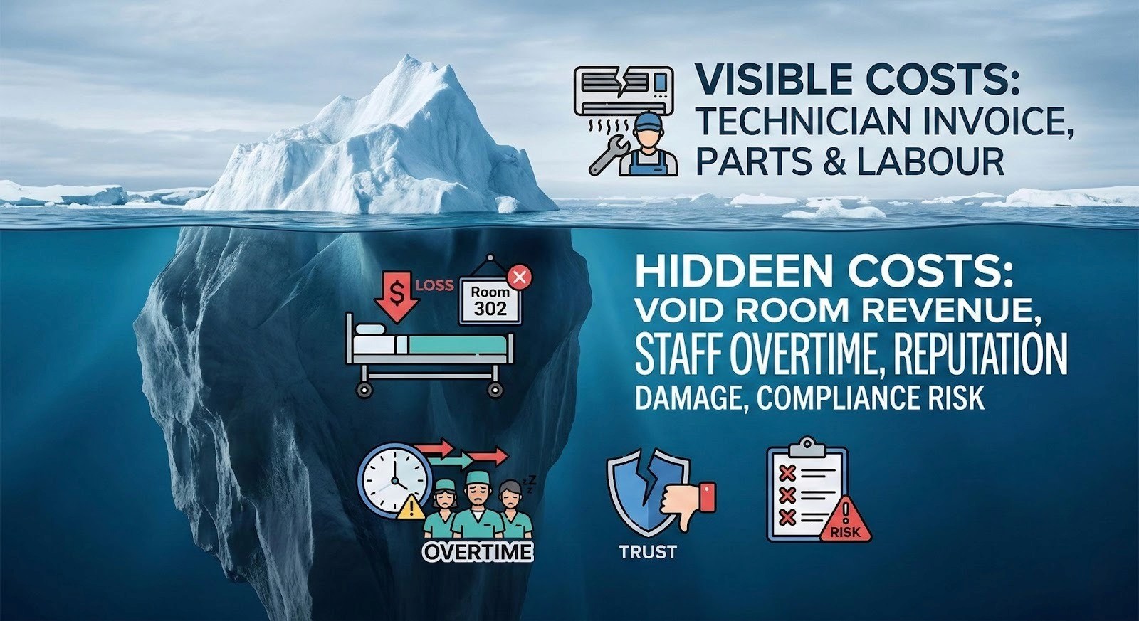 Iceberg infographic illustrating facility management costs in aged care. Above water are visible costs like technician invoices and parts. Below water is a much larger section of hidden costs, including void room revenue, staff overtime, reputation damage, and compliance risk.
