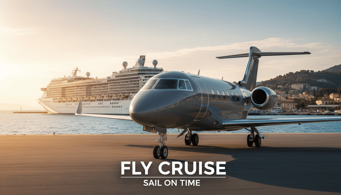 A private jet waiting on the apron with a large cruise ship docked in the harbor behind — fly-cruise private jet guide 2026