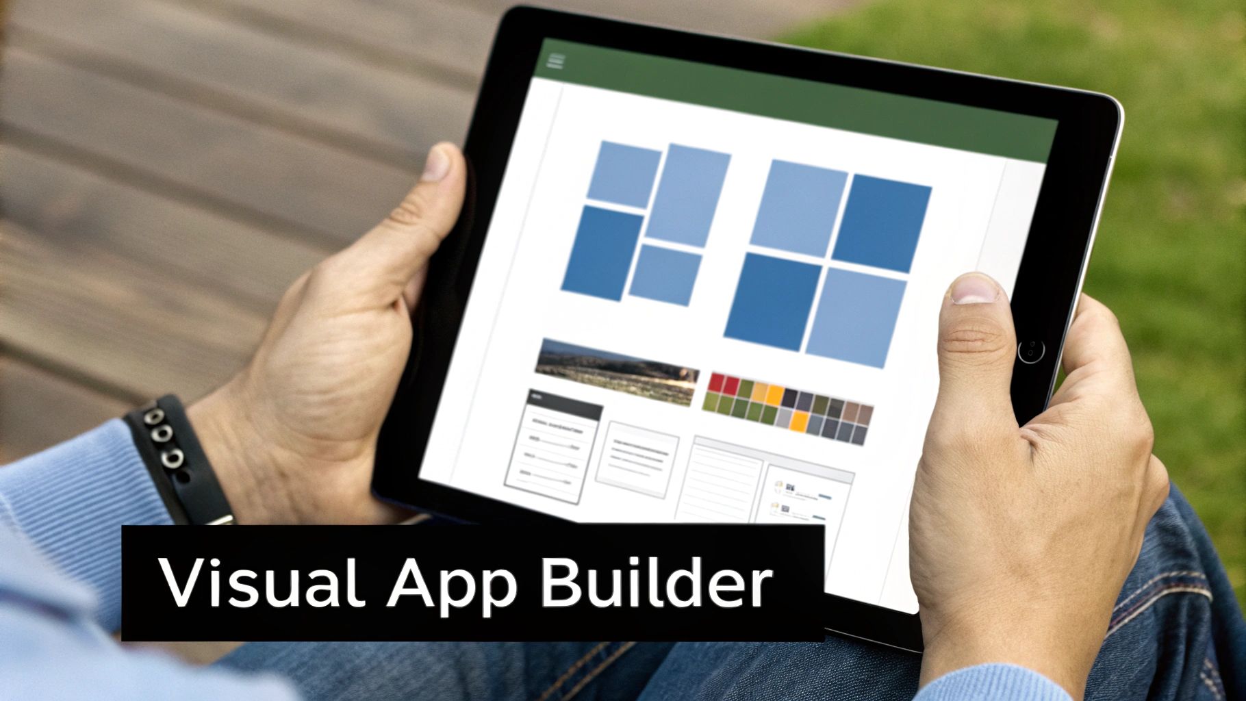 Person holding a tablet displaying a visual app builder interface with design elements and color options.