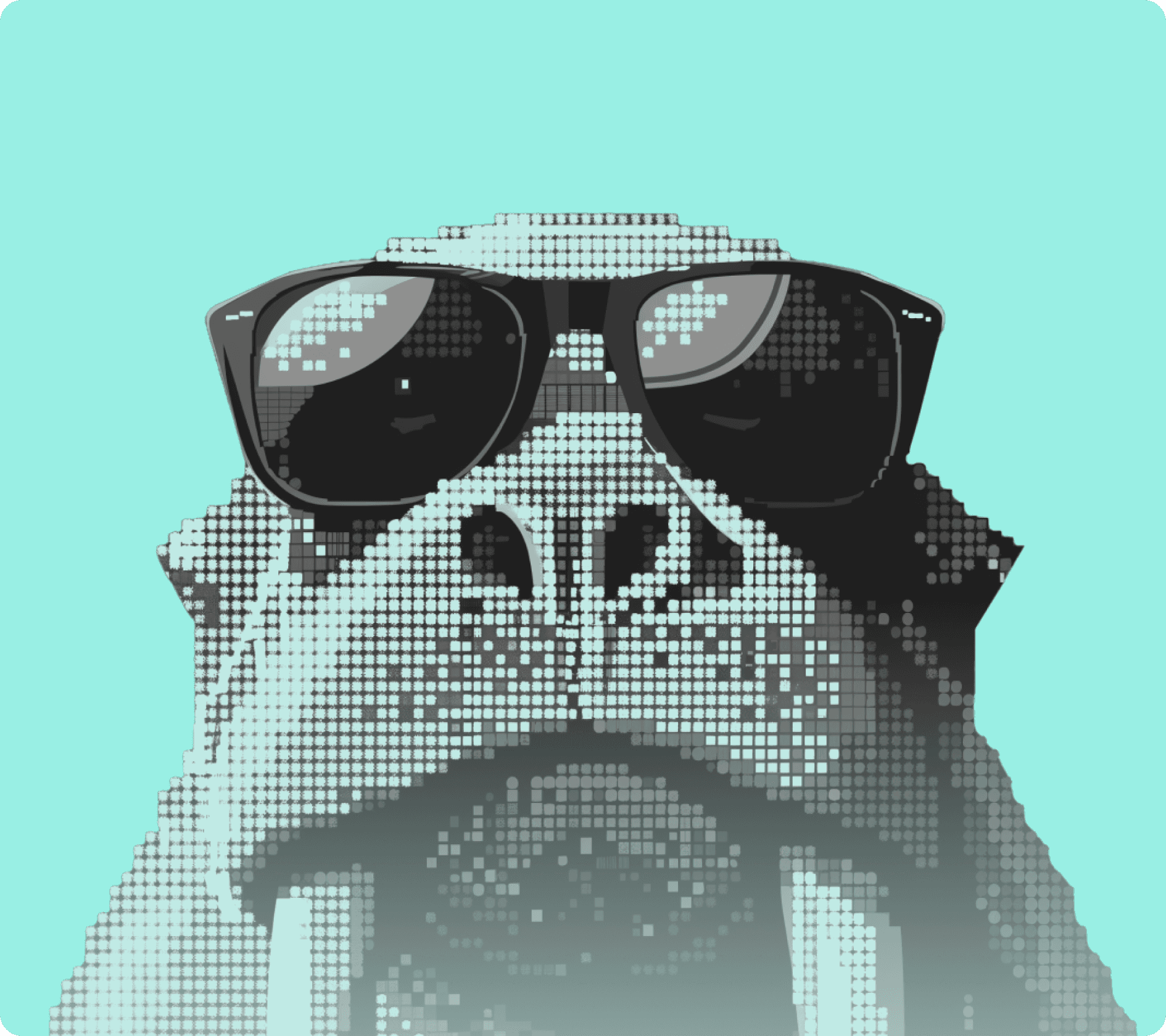 a stylized illustration of a walrus wearing sunglasses, created with a pixelated design. The walrus has a confident expression, set against a light turquoise background.