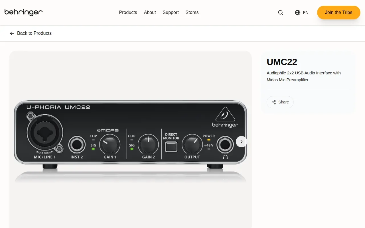 Screenshot of the U-PHORIA UMC22 by Behringer website