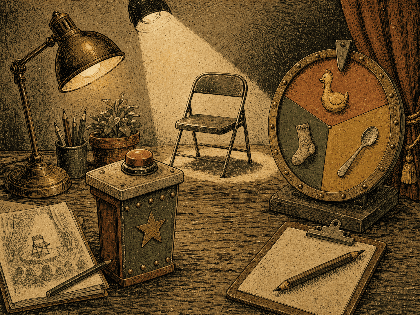 Hand-drawn game-show podium, prize wheel of useless prizes, and a spotlit empty chair