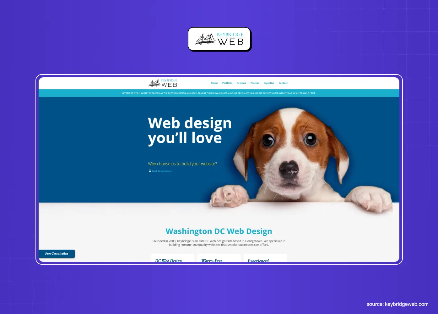 Keybridge Web website featuring a large puppy image with the headline “Web design you’ll love” on a blue background.