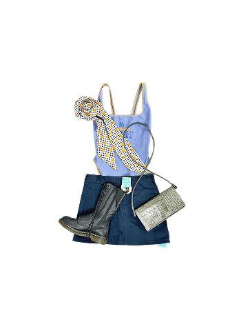 Outfit laid out: blue tank top, skirt, boots, snakeskin purse, polka dot scarf.