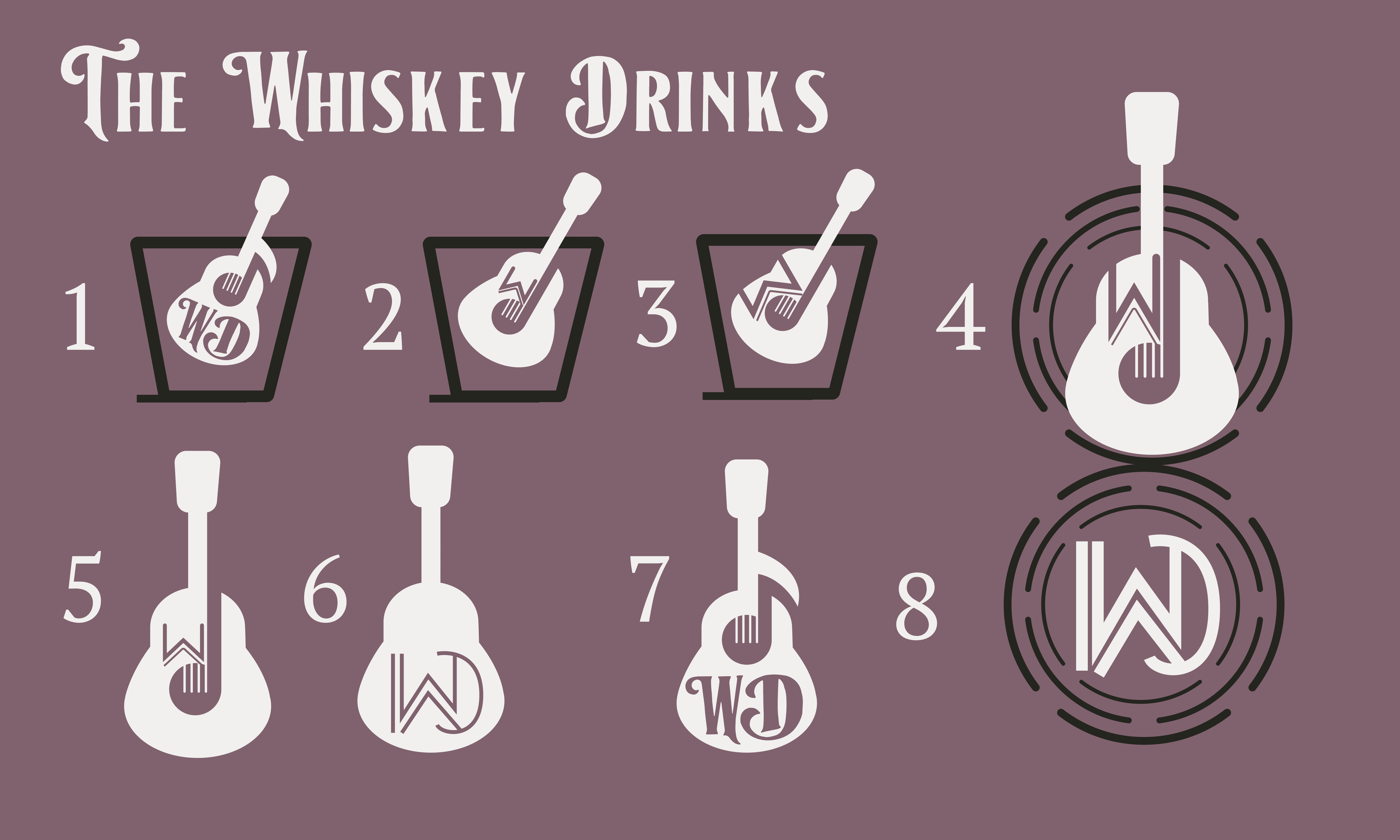 Eight alternative logo designs combining guitars, fiddles, and music note shapes with band initials