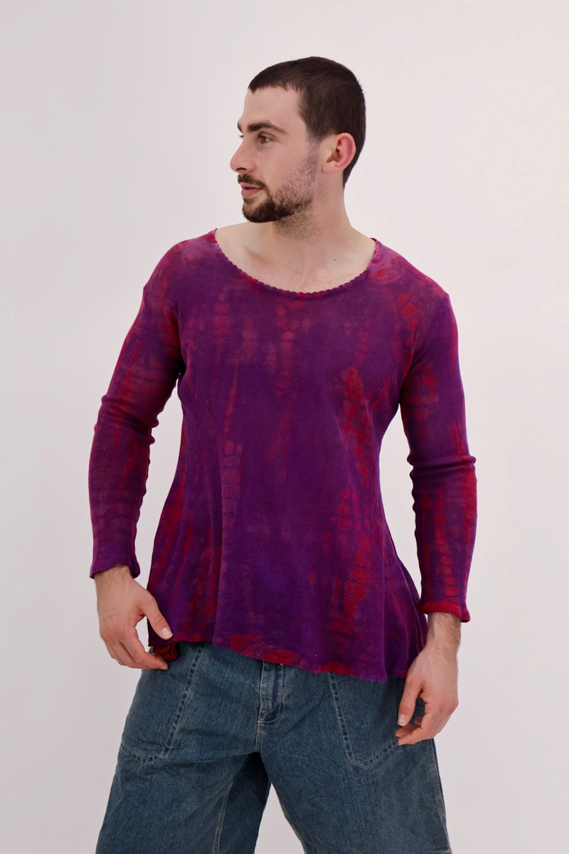 male model wearing purple long sleeve