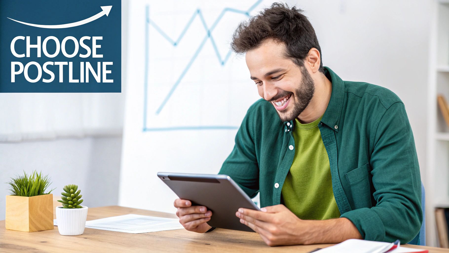 A person writing at a desk with Postline's logo overlaid, symbolizing it as a creator's assistant.