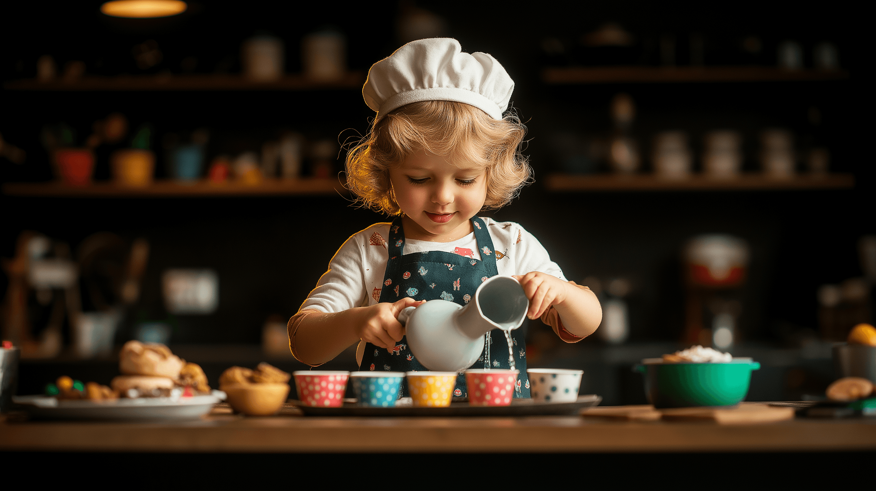 Young child pouring water in a Montessori practical life activityYoung child pouring water in a Montessori practical life activity