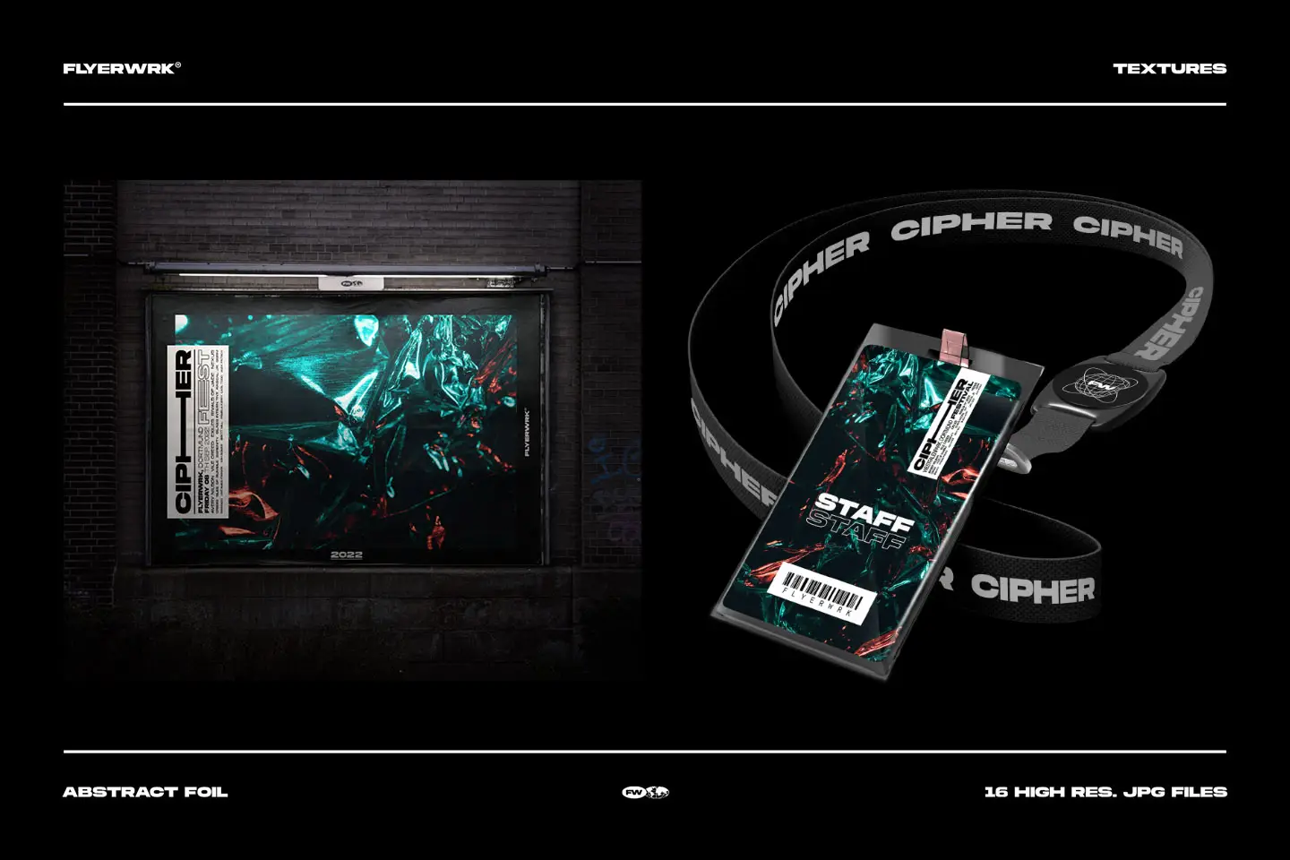 Cipher abstract metal foil textures applied to an outdoor billboard and event staff badge mockup