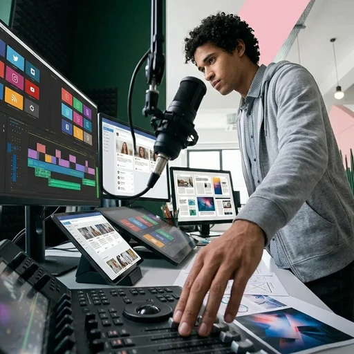 Équipe de prod DAJM en atelier de travail analysant des indicateurs clés sur un tableau de bord digital, illustrant les services de notre "Agence de contenus marketing" pour garantir une performance mesurable.