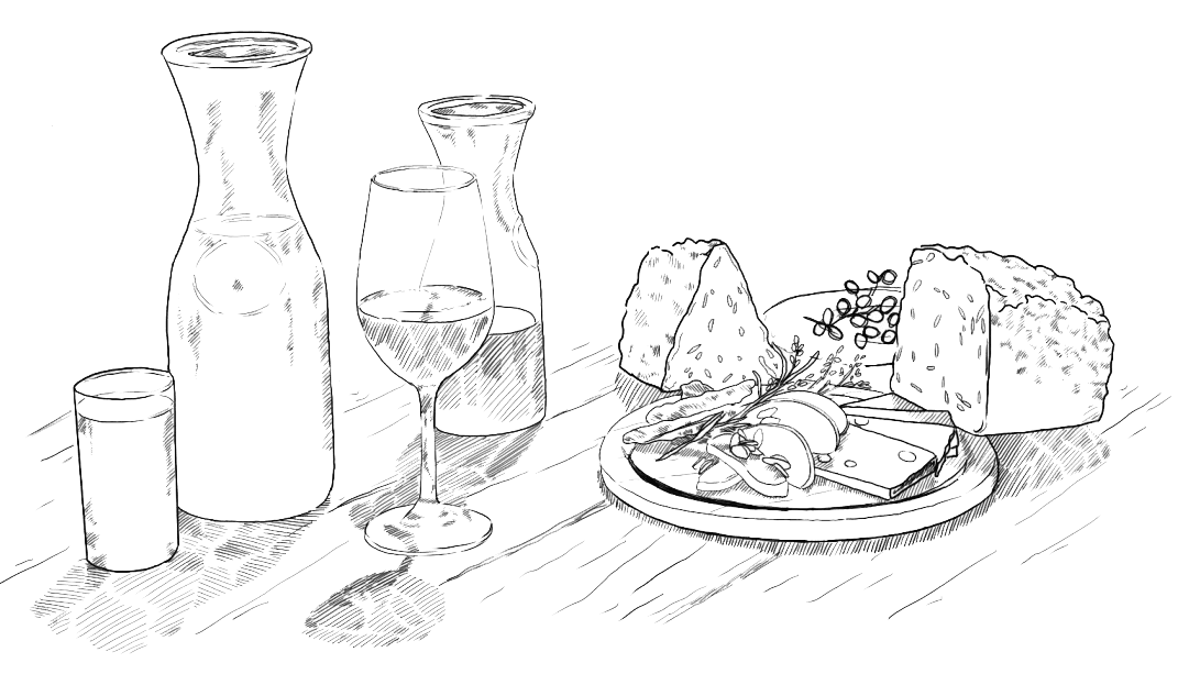 Zeichnung von Karaffen, Weinglas, Brot und einer Jausenplatte