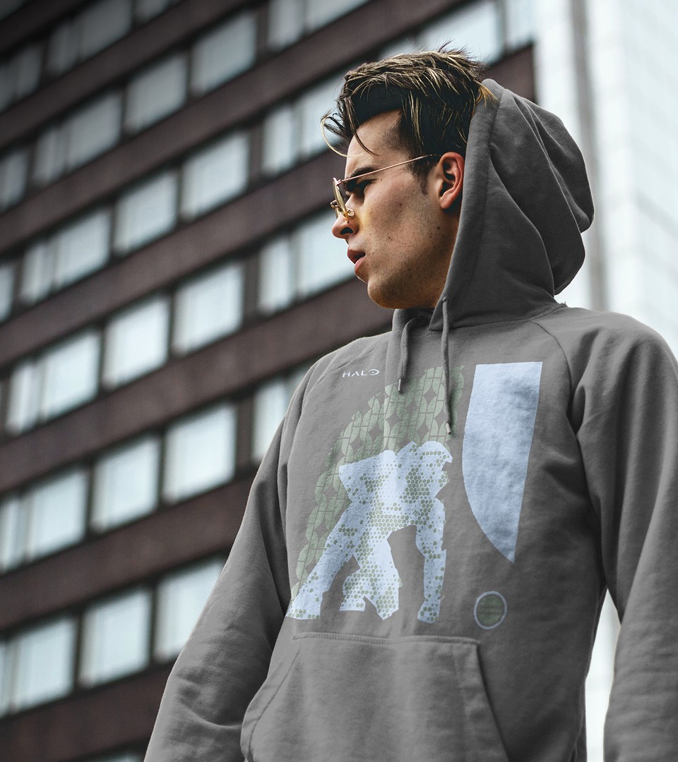 A man in a hoodie featuring master chief art