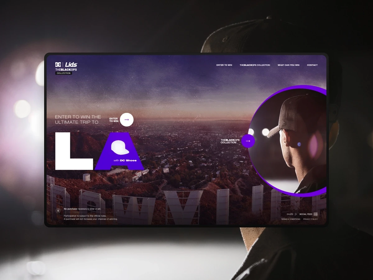 Promotional website mockup for an ultimate trip, showing a city skyline at dusk, bold typography, purple accents, and a person viewing the scene.