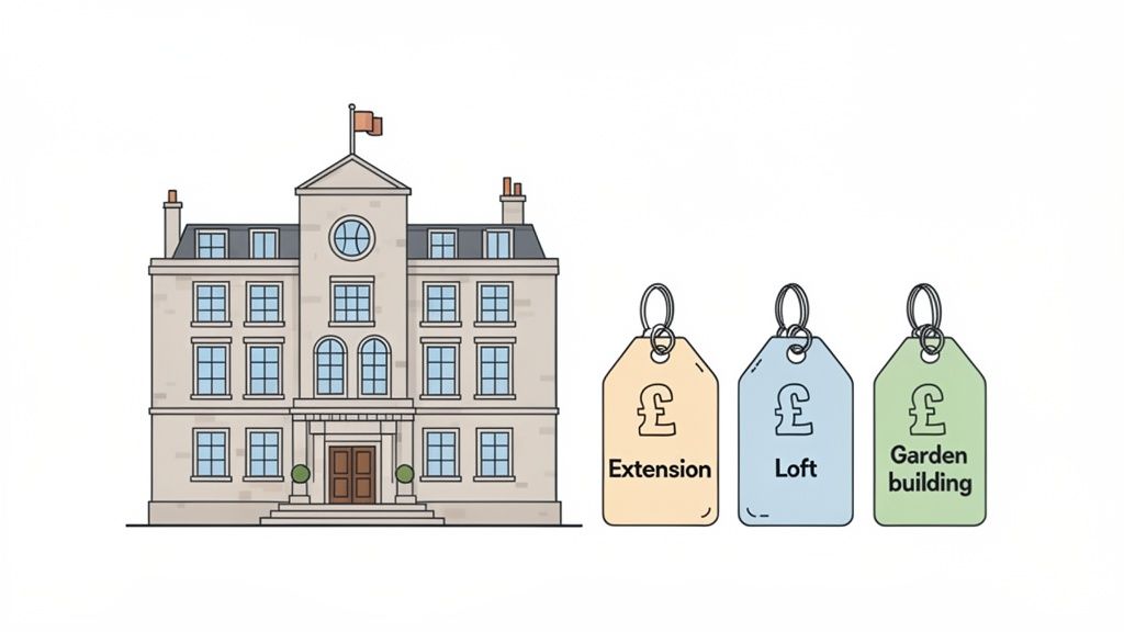 An illustration of a grand house alongside three price tags for 'Extension', 'Loft', and 'Garden building'.