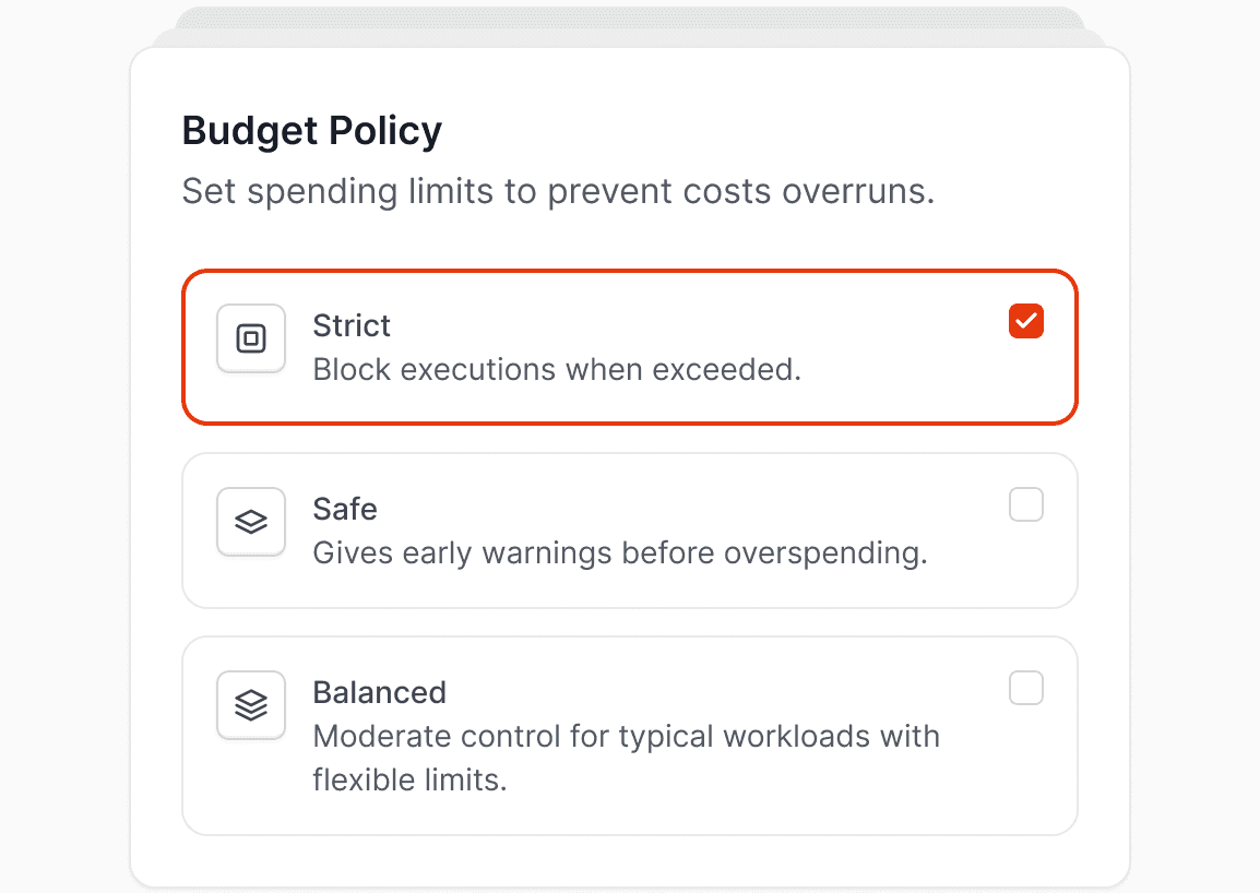 Budget controls panel showing monthly LLM spend limit and warning threshold
