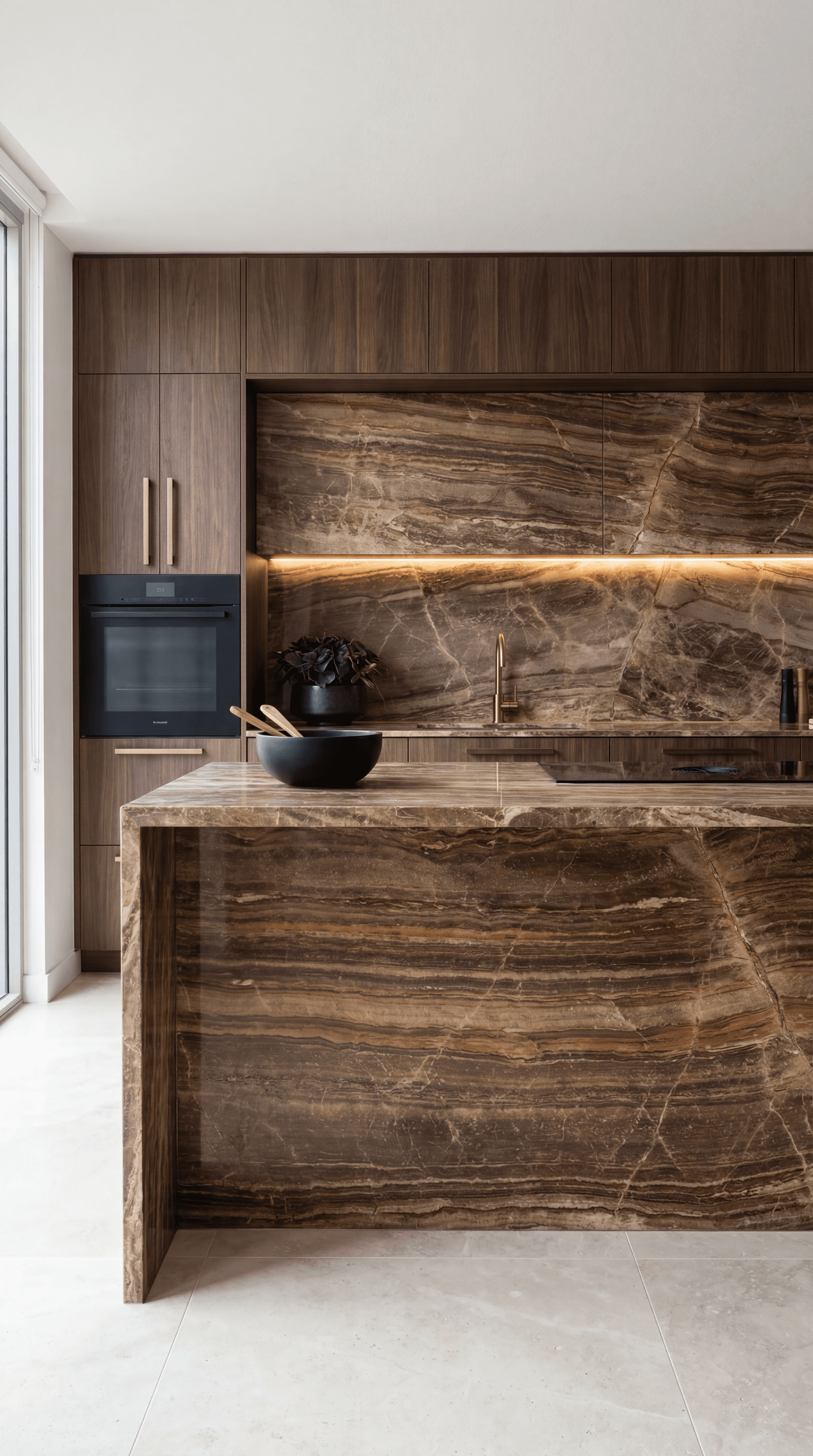 Walnut kitchen with brown veined stone island, stone splashback and warm under-cabinet lighting, modern luxury style