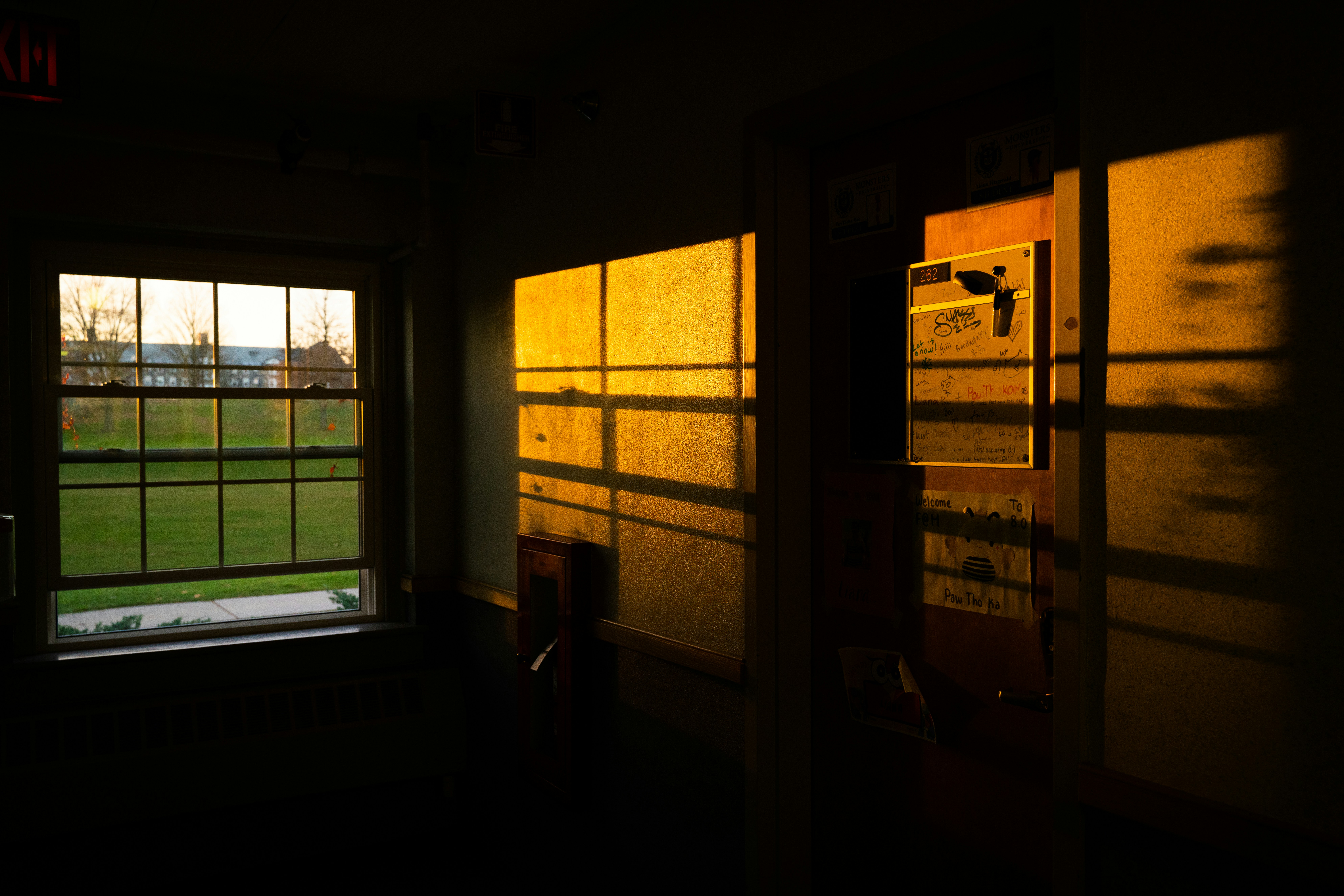 A dark room with a window and a grassy field