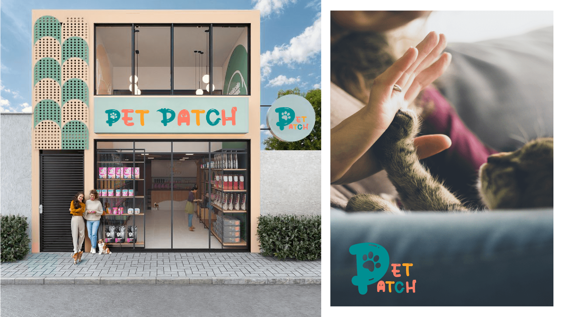 Store front and image of pet with human