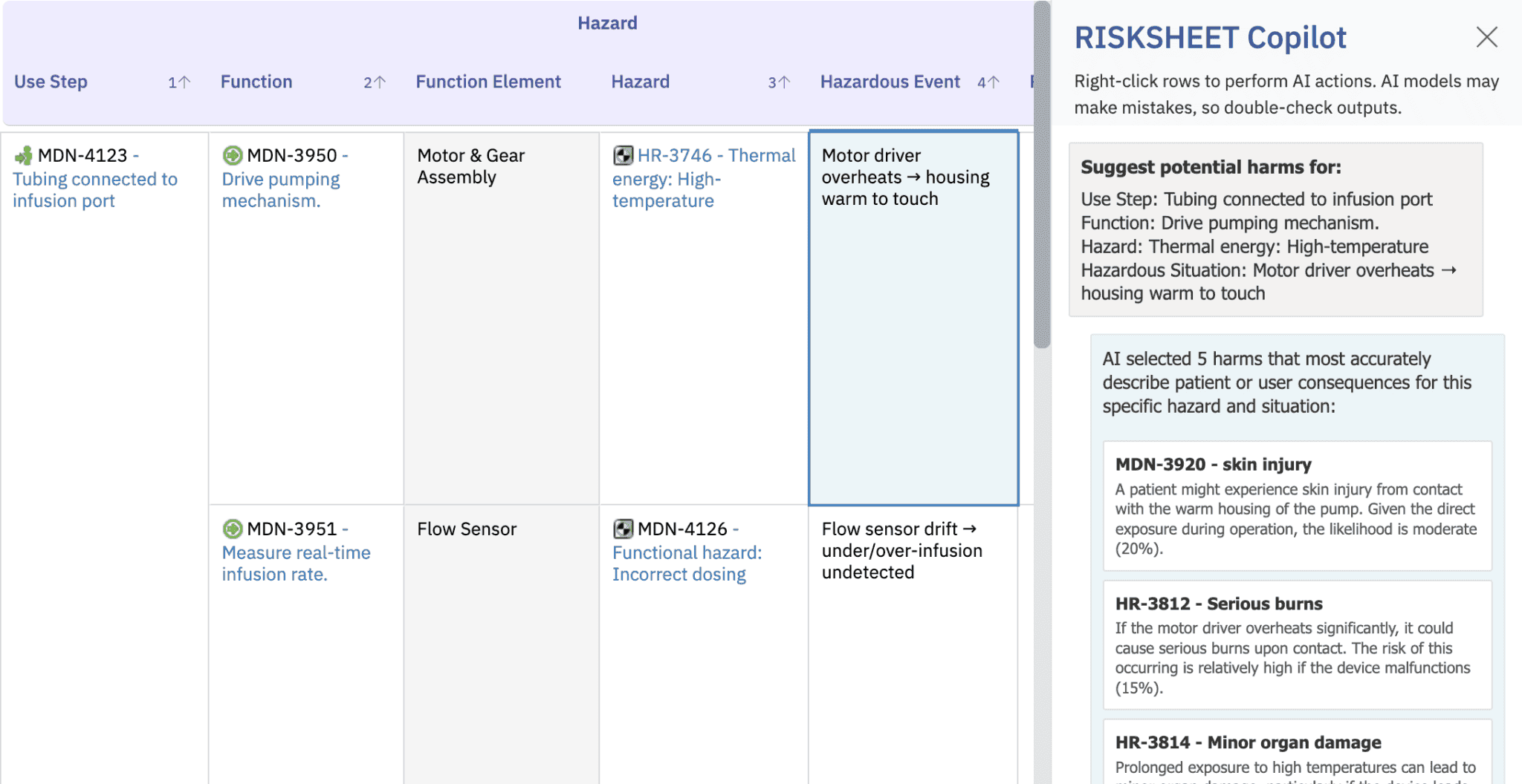 Risksheet AI Assistant suggesting harms screenshot