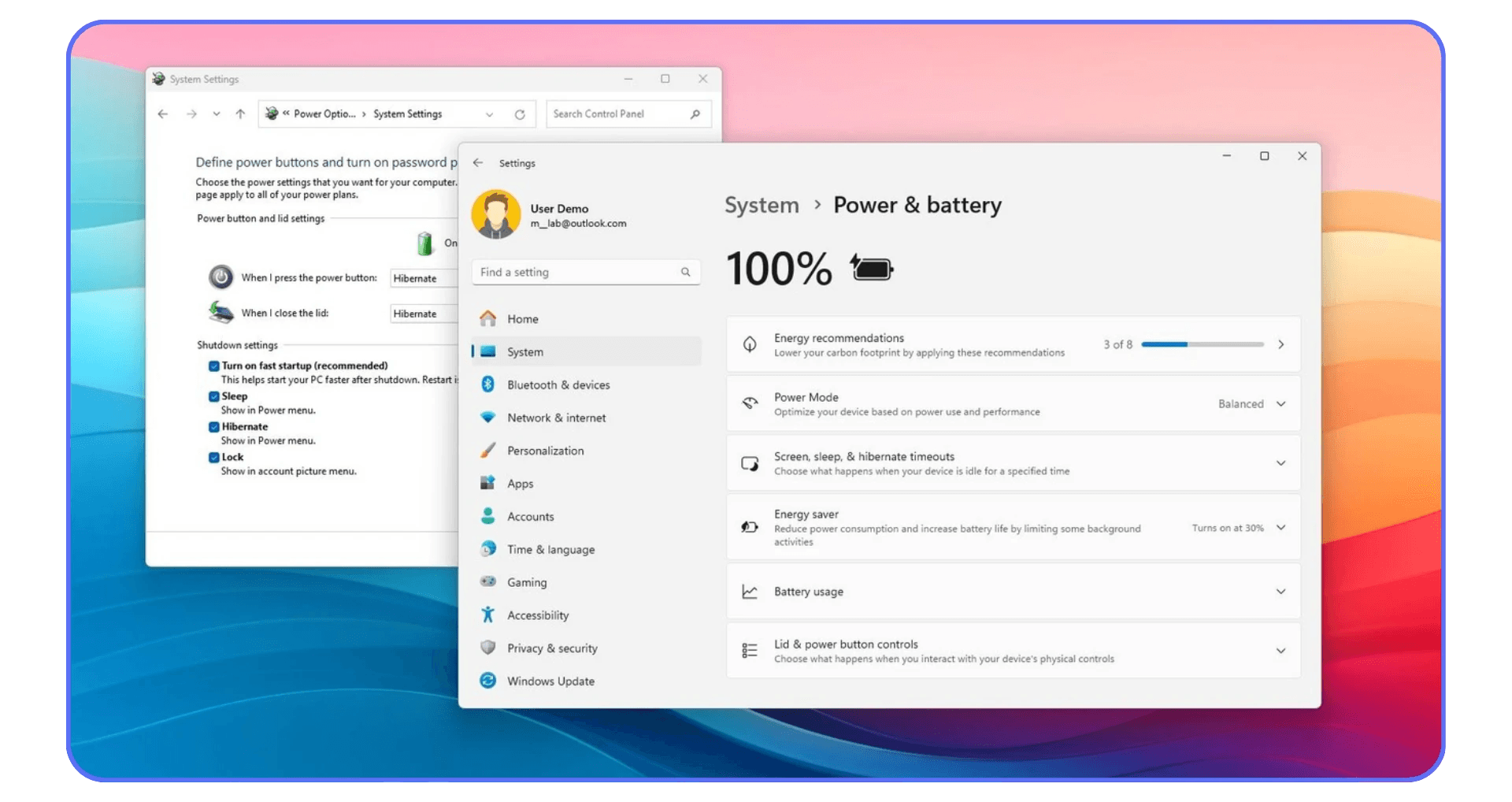 Windows 11 “Power & battery” settings showing energy mode, battery usage, and power button configuration windows.