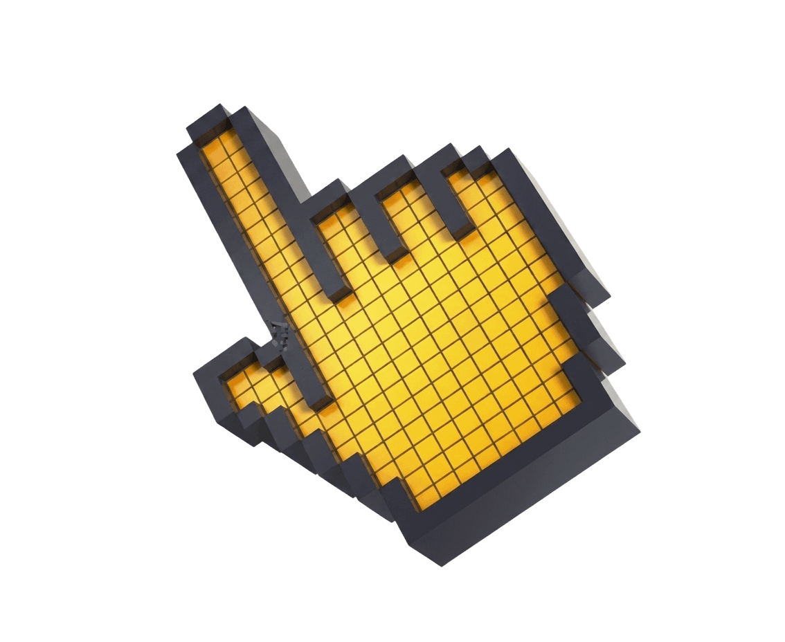 A 3D illustration of a yellow, pixelated hand cursor pointing upwards, outlined in black, against a transparent background, showcasing digital and retro design elements.
