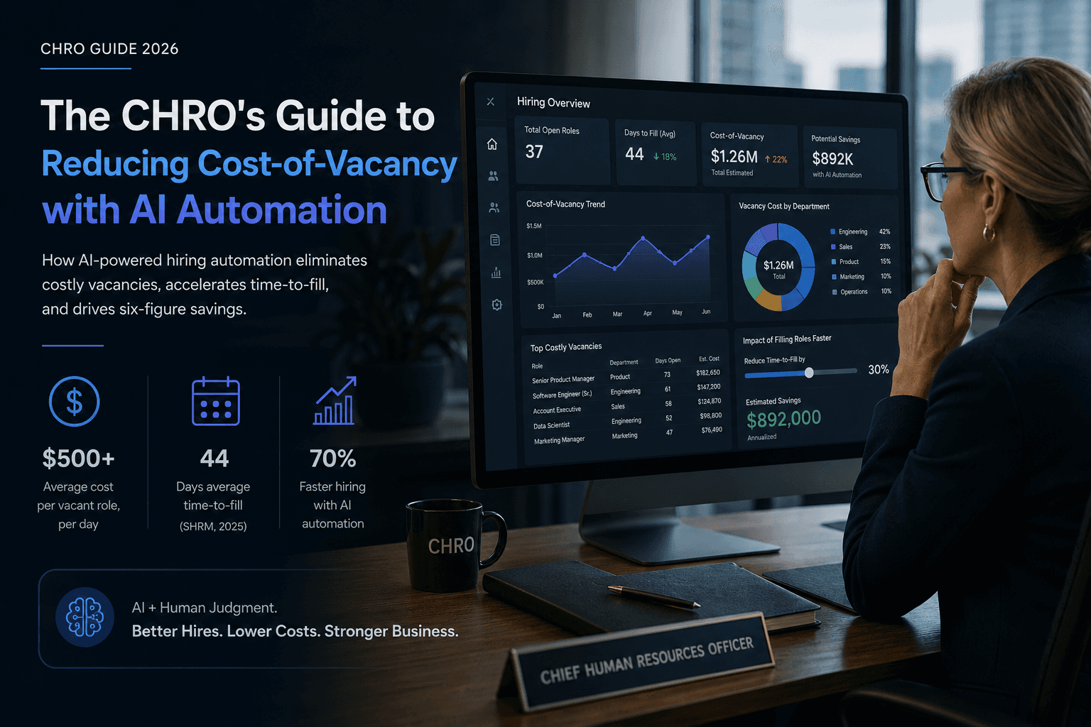 Senior HR executive analyzing vacancy cost data on a digital dashboard