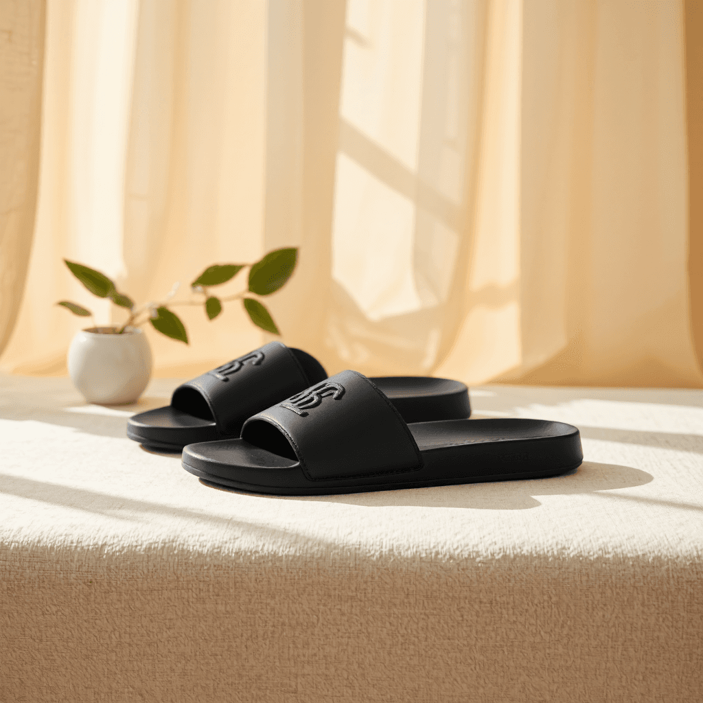 product photography of a pair of slide sandals