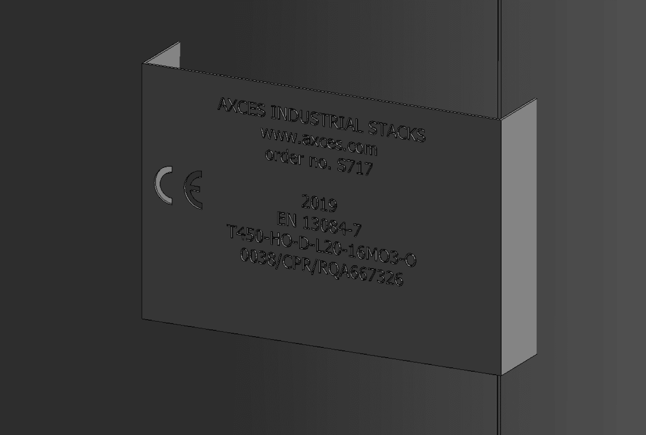 A plaque modelled in 3D with specifications listed.