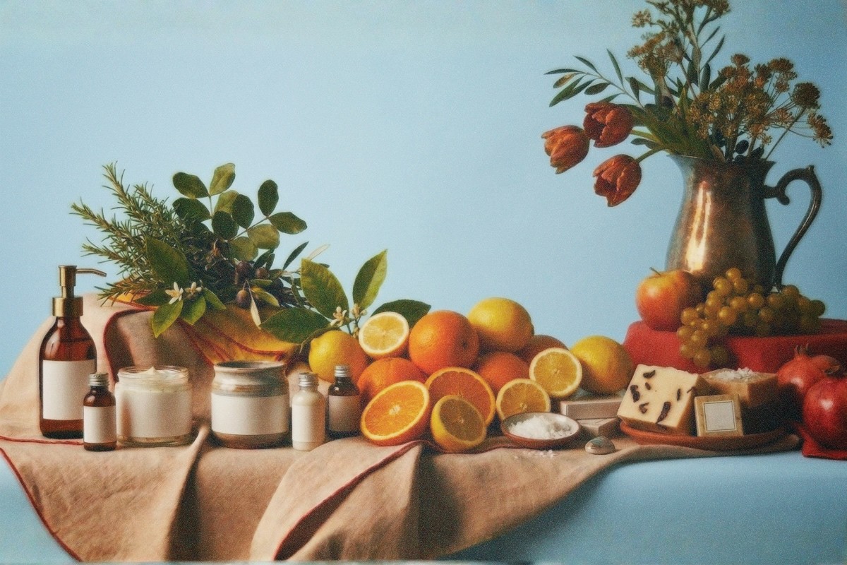 A rustic still life with a beige cloth draped table featuring citrus fruits, jars, bottles, cheeses, and vibrant flowers in a bronze pitcher