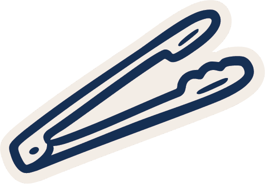 A simple illustration of metal tongs, used for gripping and lifting food items.