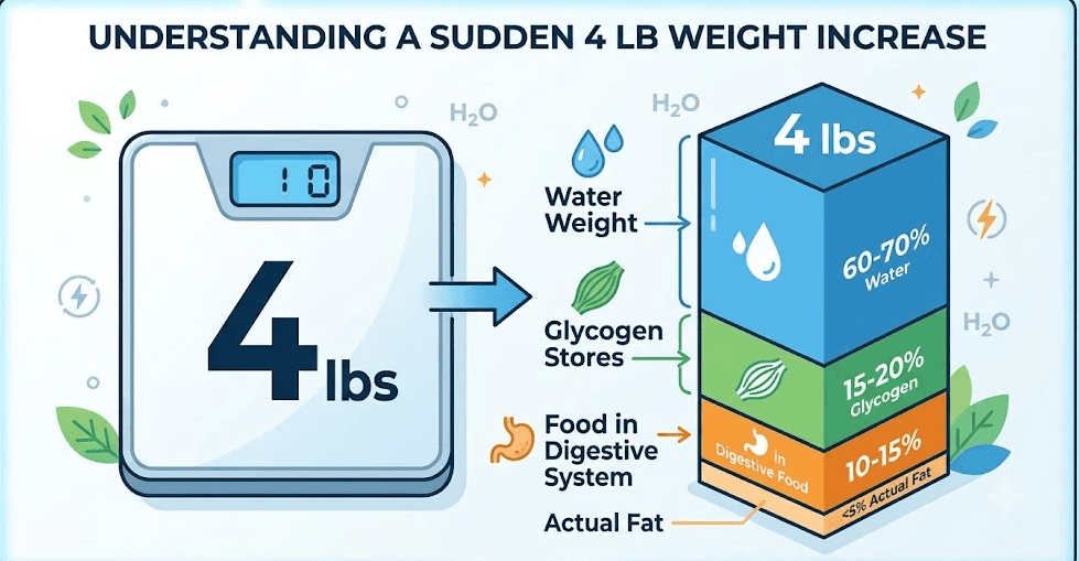 A medical infographic titled "Understanding a Sudden 4 LB Weight Increase." On the left is a digital bathroom scale. An arrow points to a stacked 3D bar chart breaking down the weight into four categories: Water Weight, Glycogen Stores, Food in Digestive System, and Actual Fat. Water makes up the largest portion (60-70%), and actual fat the smallest (<5%).